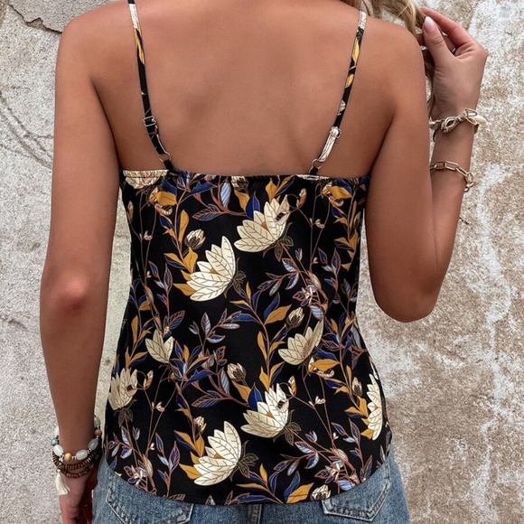 Boho Black Floral Print Cottagecore Cami Tank Top - Picture 4 of 5